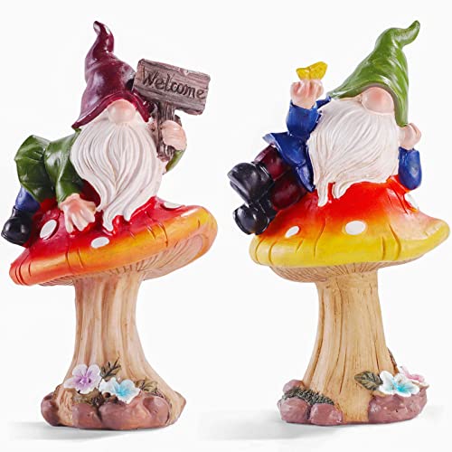 Free Yoka Funny Gnomes Garden Decor, Outdoor Patio Sculptures Statues Ornaments Welcome Sign for Yard Lawn Miniature Mushroom Accessories Figurine Home Decorations Set of 2