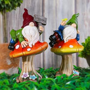 Free Yoka Funny Gnomes Garden Decor, Outdoor Patio Sculptures Statues Ornaments Welcome Sign for Yard Lawn Miniature Mushroom Accessories Figurine Home Decorations Set of 2