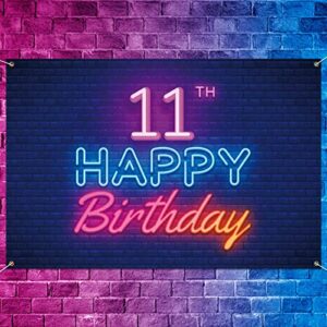 glow neon happy 11th birthday backdrop banner decor black – colorful glowing 11 years old birthday party theme decorations for boys girls supplies