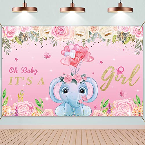 Girl Baby Shower Decorations It's a Girl Baby Shower Backdrop Pink Elephant Baby Shower Banner Floral Background Decorations for Baby Girl Baby Shower Party Supplies Birthday Photo Booth Props