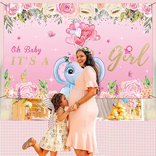 Girl Baby Shower Decorations It's a Girl Baby Shower Backdrop Pink Elephant Baby Shower Banner Floral Background Decorations for Baby Girl Baby Shower Party Supplies Birthday Photo Booth Props