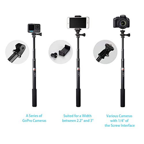 HSU Extendable Selfie Stick for Action Camera，Waterproof Hand Grip for GoPro Hero 11/10/9/8/7, Handheld Monopod 6.5" to 26.4" Compatible with Cell Phones, AKASO Campark and Other Action Cameras