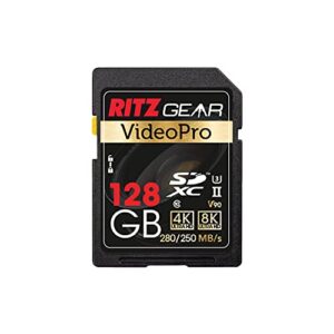 ritz gear 128gb high-speed sdxc uhs-ii sd card, c10, u3, v90, full-hd & 8k memory card for dslr, cinema-quality video cameras