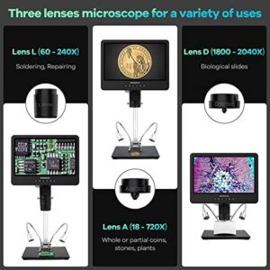 Andonstar AD249S-M 10.1 Inch HDMI Digital Microscope 2000x for Adults, 3 Lens 2160P UHD Video Record, Soldering Microscope, Coin Microscope, Biological Microscope Kit with 32G Card, Windows Compatible