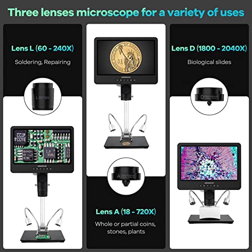 Andonstar AD249S-M 10.1 Inch HDMI Digital Microscope 2000x for Adults, 3 Lens 2160P UHD Video Record, Soldering Microscope, Coin Microscope, Biological Microscope Kit with 32G Card, Windows Compatible