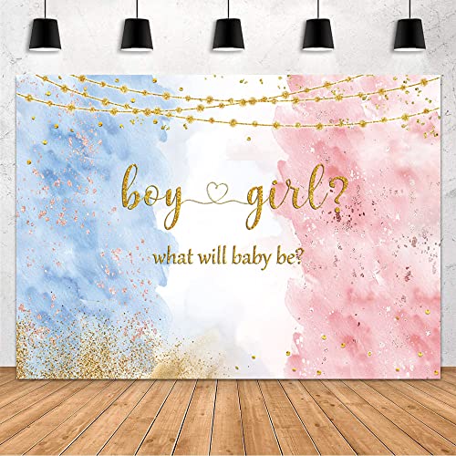 MEHOFOND Blue Pink Gender Reveal Backdrop Boy or Girl Party Decoration Photography Background Watercolor Rose Gold and Navy Blue He or She Pregnancy Reveal Surprise Party Photoshoot Banner 7x5ft