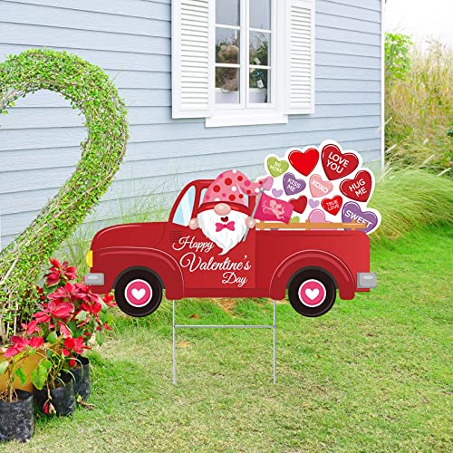 Valentine's Day Yard Signs with Stake Valentines Gnomes Outdoor Lawn Decorations Happy Valentine's Day Red Truck Lawn Signs for Valentine Day Wedding Anniversary Lawn Garden Yard Outside Decorations