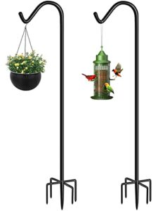 eazielife shepherds hook for outdoor bird feeders pole 60 inch tall, adjustable heavy duty garden hanger stake pole with 5 prong base, shiny black (2 packs)