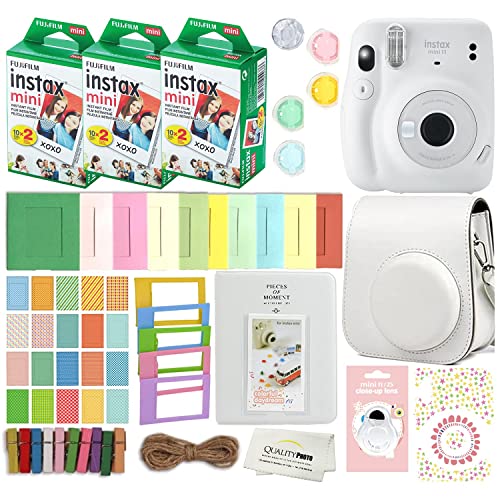 Fujifilm Instax Mini 11 Instant Camera with Case, 60 Fuji Films, Decoration Stickers, Frames, Photo Album and More Accessory kit (Ice White)