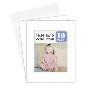 Golden State Art Acid Free, Pack of 10 11x14 White Picture Mats Mattes with White Core Bevel Cut for 8x10 Photo + Backing + Bags