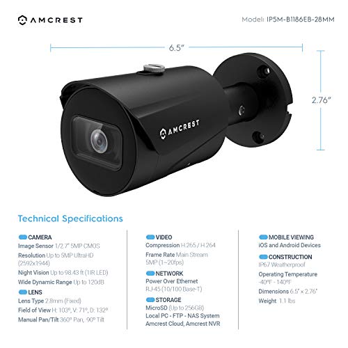 Amcrest UltraHD 5MP Outdoor POE Camera 2592 x 1944p Bullet IP Security Camera, Outdoor IP67 Waterproof, 103° Viewing Angle, 2.8mm Lens, 98.4ft Night Vision, 5-Megapixel, IP5M-B1186EB-28MM (Black)