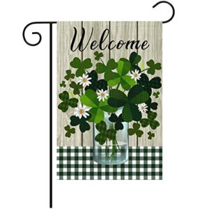 heyfibro welcome st patrick’s day garden flag 12 x 18 inch double sided with vase shamrocks pattern burlap checkered holiday house yard flag st. patrick’s sign for spring outdoor decoration(only flag)