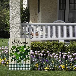 Heyfibro Welcome St Patrick's Day Garden Flag 12 x 18 Inch Double Sided with Vase Shamrocks Pattern Burlap Checkered Holiday House Yard Flag St. Patrick's Sign for Spring Outdoor Decoration(ONLY FLAG)