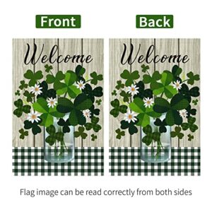 Heyfibro Welcome St Patrick's Day Garden Flag 12 x 18 Inch Double Sided with Vase Shamrocks Pattern Burlap Checkered Holiday House Yard Flag St. Patrick's Sign for Spring Outdoor Decoration(ONLY FLAG)