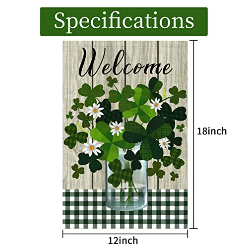 Heyfibro Welcome St Patrick's Day Garden Flag 12 x 18 Inch Double Sided with Vase Shamrocks Pattern Burlap Checkered Holiday House Yard Flag St. Patrick's Sign for Spring Outdoor Decoration(ONLY FLAG)