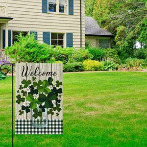 Heyfibro Welcome St Patrick's Day Garden Flag 12 x 18 Inch Double Sided with Vase Shamrocks Pattern Burlap Checkered Holiday House Yard Flag St. Patrick's Sign for Spring Outdoor Decoration(ONLY FLAG)