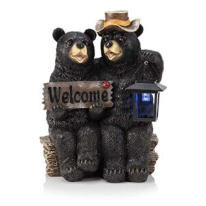 alpine corporation 15″ tall outdoor bear couple with lantern and welcome sign statue with solar led light yard art decoration