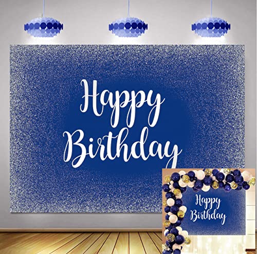 Royal Blue Happy Birthday Backdrop Adults Mans Boys Bday Party Banner Silver Glitter Spots Photography Background Table Wall Decorations Photo Shoot Booth Studio Props