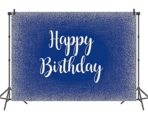 Royal Blue Happy Birthday Backdrop Adults Mans Boys Bday Party Banner Silver Glitter Spots Photography Background Table Wall Decorations Photo Shoot Booth Studio Props