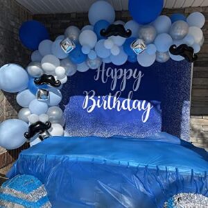 Royal Blue Happy Birthday Backdrop Adults Mans Boys Bday Party Banner Silver Glitter Spots Photography Background Table Wall Decorations Photo Shoot Booth Studio Props