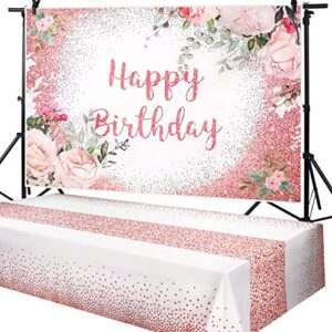 2 pcs pink rose gold happy birthday backdrop, floral banner ,plastic tablecloth table cover for photoshoot for girls women party supplies