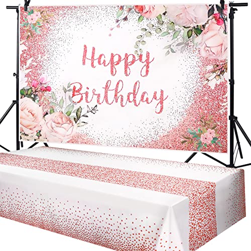 2 Pcs Pink Rose Gold Happy Birthday Backdrop, Floral Banner ,Plastic Tablecloth Table Cover for Photoshoot for Girls Women Party Supplies