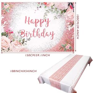 2 Pcs Pink Rose Gold Happy Birthday Backdrop, Floral Banner ,Plastic Tablecloth Table Cover for Photoshoot for Girls Women Party Supplies