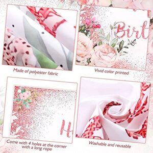 2 Pcs Pink Rose Gold Happy Birthday Backdrop, Floral Banner ,Plastic Tablecloth Table Cover for Photoshoot for Girls Women Party Supplies