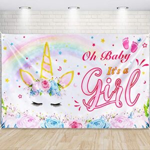 unicorn baby shower backdrop 73” x 43” – pink floral unicorn backdrop for girls party decorations colorful rainbow unicorn it’s a girl banner large photo background wall decor