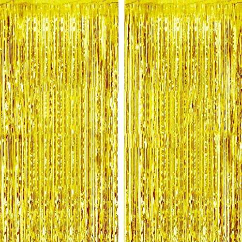 2 Packs 3ft x 8.3ft Gold Metallic Tinsel Foil Fringe Curtains Photo Booth Props for Birthday Wedding Engagement Bridal Shower Baby Shower Bachelorette Holiday Celebration Party Decorations