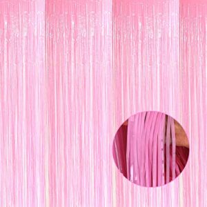 halloweendecorate 4 pack macaron pink foil fringe curtain backdrop, 3.28ft x 8.2ft metallic tinsel streamer curtains, birthday, wedding, new year’s, christmas decorations party supplies, one size