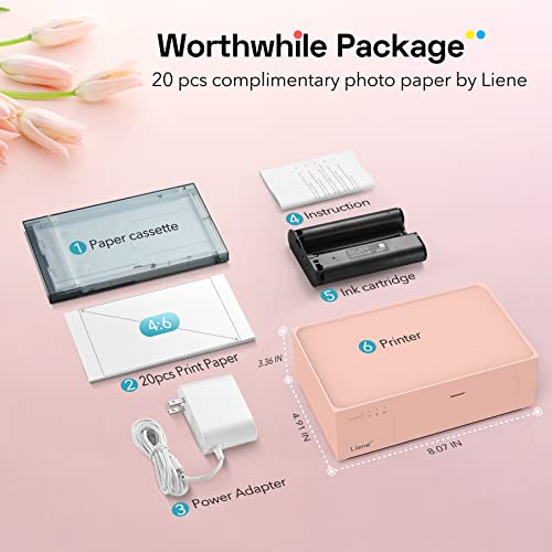 Liene 4x6'' Photo Printer, Wi-Fi Picture Printer, 20 Sheets, Full-Color Photo, Photo Printer for iPhone, Android, Smartphone, Computer, Dye Sublimation, Portable Photo Printer for Home Use, Pink