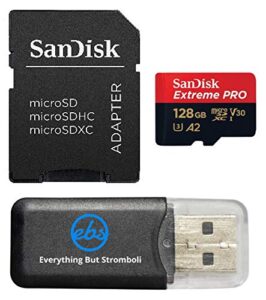 sandisk 128gb micro sdxc memory card extreme pro works with gopro hero 8 black, max 360 action cam u3 v30 4k class 10 (sdsqxcy-128g-gn6ma) bundle with 1 everything but stromboli microsd card reader