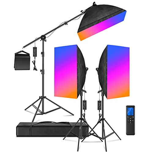 Neewer RGB LED Softbox Lighting Kit with 2.4G Remote: 3-Pack 48W Dimmable LED Light Head with 3200~5600K/CRI95+/360°Full Color/10 Scene Effect with Softbox, Stand and Boom Arm for Studio Photography