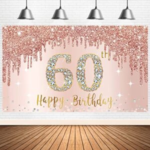 happy 60th birthday banner backdrop decorations for women, rose gold 60 birthday party sign supplies, pink sixty year old birthday poster background photo booth props decor