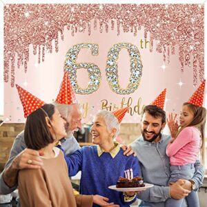 Happy 60th Birthday Banner Backdrop Decorations for Women, Rose Gold 60 Birthday Party Sign Supplies, Pink Sixty Year Old Birthday Poster Background Photo Booth Props Decor