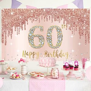 Happy 60th Birthday Banner Backdrop Decorations for Women, Rose Gold 60 Birthday Party Sign Supplies, Pink Sixty Year Old Birthday Poster Background Photo Booth Props Decor