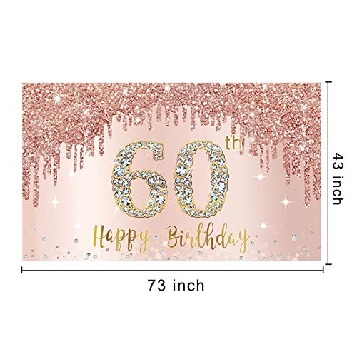 Happy 60th Birthday Banner Backdrop Decorations for Women, Rose Gold 60 Birthday Party Sign Supplies, Pink Sixty Year Old Birthday Poster Background Photo Booth Props Decor