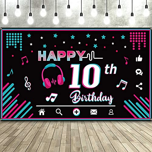 Music Happy 10th Birthday Backdrop Musical Social Media Birthday Party Supplies Music Party Banner Decorations Social Media Photography Background for Teens, 73 x 43 Inches