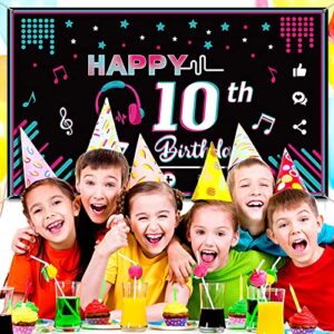 Music Happy 10th Birthday Backdrop Musical Social Media Birthday Party Supplies Music Party Banner Decorations Social Media Photography Background for Teens, 73 x 43 Inches