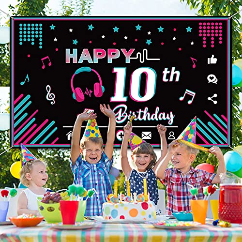 Music Happy 10th Birthday Backdrop Musical Social Media Birthday Party Supplies Music Party Banner Decorations Social Media Photography Background for Teens, 73 x 43 Inches