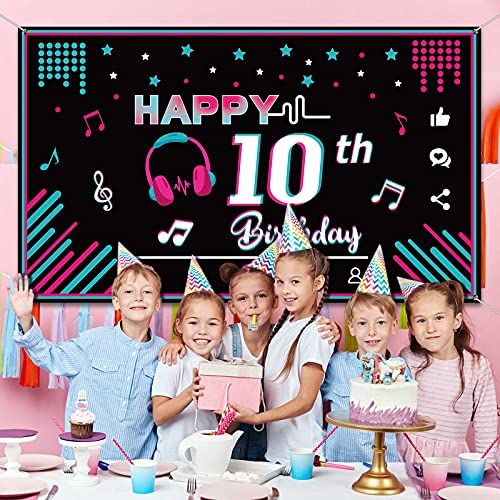 Music Happy 10th Birthday Backdrop Musical Social Media Birthday Party Supplies Music Party Banner Decorations Social Media Photography Background for Teens, 73 x 43 Inches