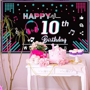 Music Happy 10th Birthday Backdrop Musical Social Media Birthday Party Supplies Music Party Banner Decorations Social Media Photography Background for Teens, 73 x 43 Inches