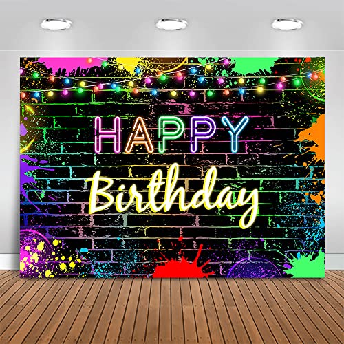 Mocsicka Glow Birthday Backdrop Neon Glow in The Dark Party Decoration Glow Crazy Rainbow Birthday Photo Backdround Photo Prop (Glow deign but Not Glow) (7x5ft (82x60 inch))