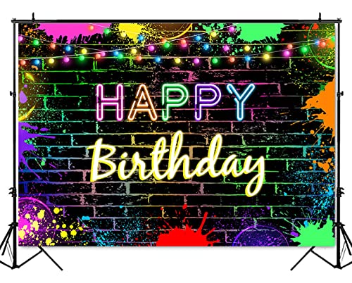 Mocsicka Glow Birthday Backdrop Neon Glow in The Dark Party Decoration Glow Crazy Rainbow Birthday Photo Backdround Photo Prop (Glow deign but Not Glow) (7x5ft (82x60 inch))