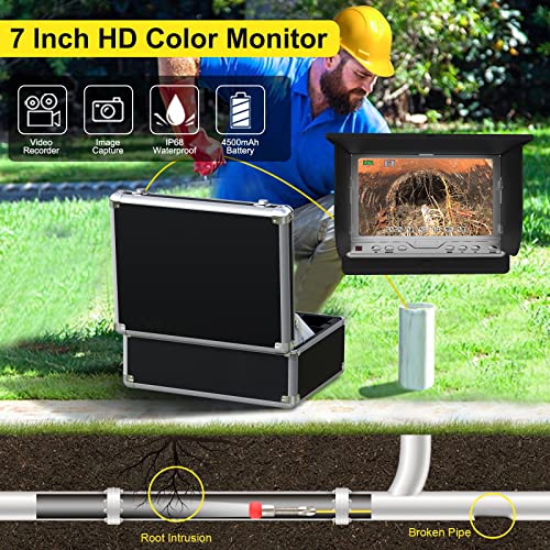 Pipe Pipeline Inspection Camera, Drain Sewer Industrial Endoscope HBUDS Waterproof IP68 Snake Video System with 7 Inch LCD Monitor 1000TVL Camera