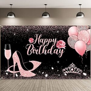 happy birthday backdrop fabric glitter rose pink birthday background banner balloons heels wine glass photography backdrop birthday party decorations for women girls birthday supplies, 6 x 3.6 feet