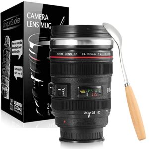 camera lens coffee mug, lens cups non-bpa stainless steel tumbler leakproof travel mug tea water bottle with lid and spoon – ef24-105mm f/4.0 usm cano lens mug (black)