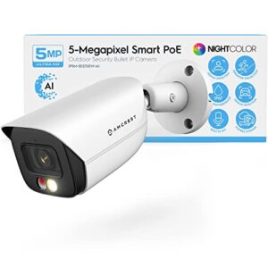 amcrest 5mp ip poe ai camera w/ 49ft color night vision, security outdoor bullet camera, built-in microphone, human & vehicle detection, active deterrent, 129° fov, 5mp@20fps ip5m-b1276ew-ai (white)