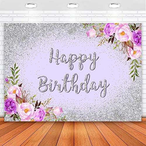 Avezano Purple and Silver Birthday Backdrop Purple Flower Sliver Bokeh Dots Birthday Party Background Adults Women Men 30th 40th 50th 60th 70th Birthday Party Banner Backdrops (7x5, Purple)